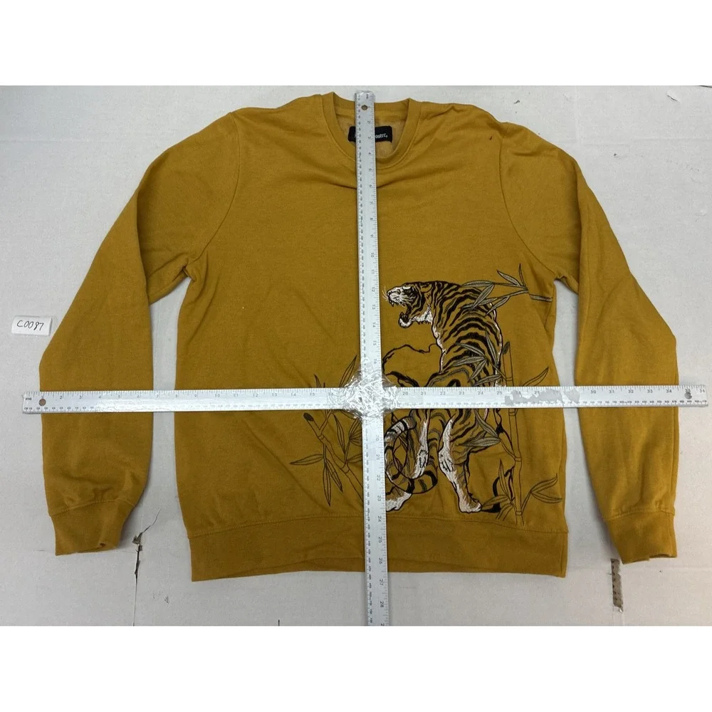Blind Rooster Mens Mustard Yellow Embroidered Tiger Bamboo Crewneck Sweatshirt M